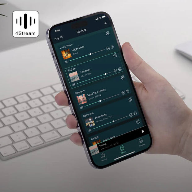 <h1>Play online music, radio stations, NAS, USB local files from our 4STREAM APP.</h1>